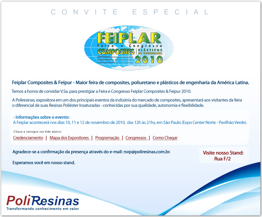 Poliresinas  convida V.Sa. para conhecer nosso stand na Feiplar Composites & Feipur 2010